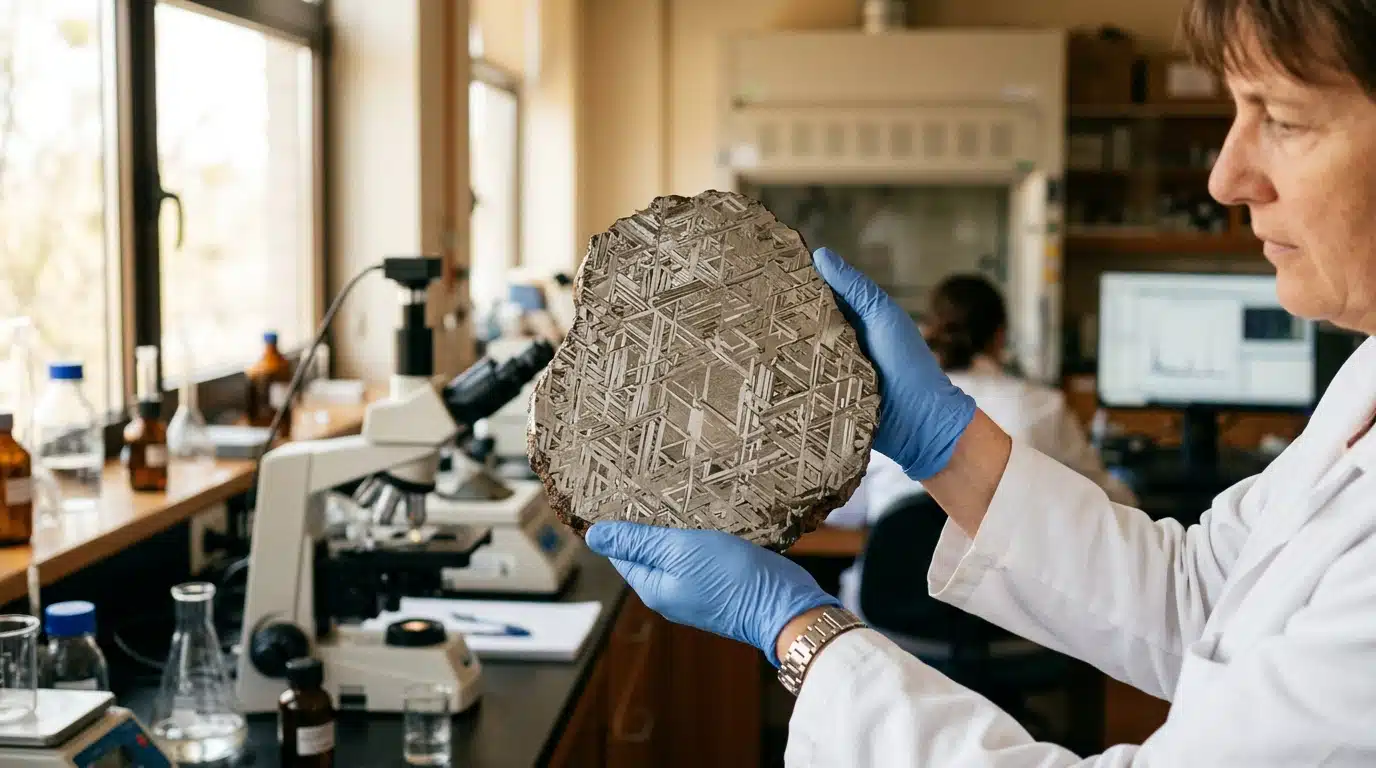 Mains gantées tenant une tranche de météorite polie en laboratoire