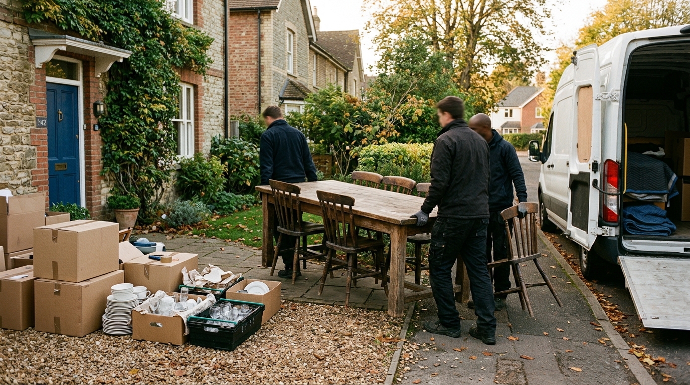 Table et chaises en bois chargées dans une camionnette devant une maison