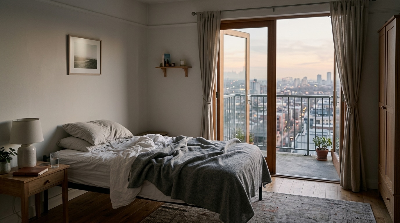 Chambre vide d'une résidence de rétablissement avec balcon donnant sur la ville