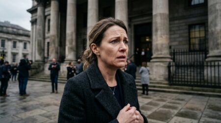 Femme au visage grave devant un palais de justice