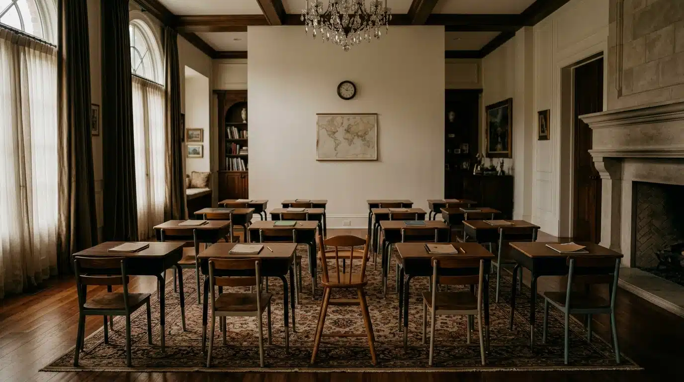 Salle de classe improvisée vide dans une grande demeure