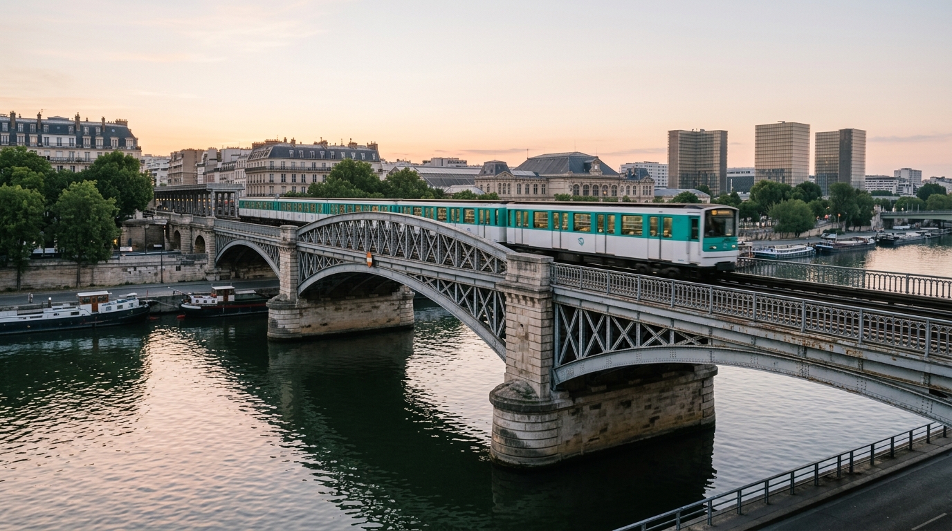 Viaduc de métro aérien traversant un pont au petit matin