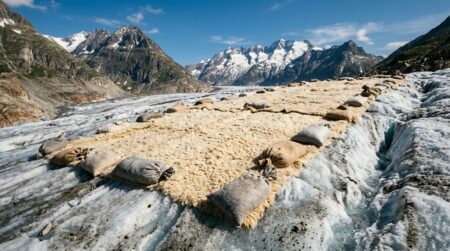 Couverture de laine étendue sur la glace d'un glacier alpin