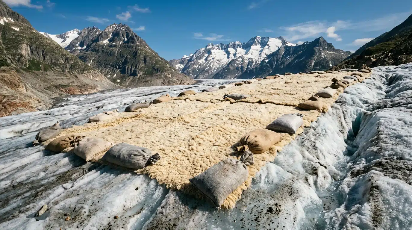 Couverture de laine étendue sur la glace d'un glacier alpin