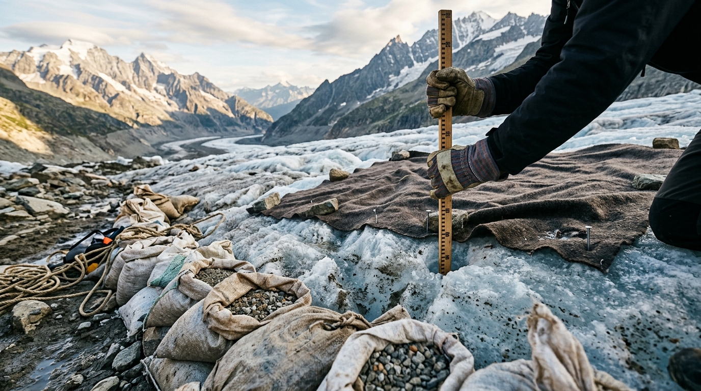 Mains gantées plantant une jauge dans la glace près de la laine