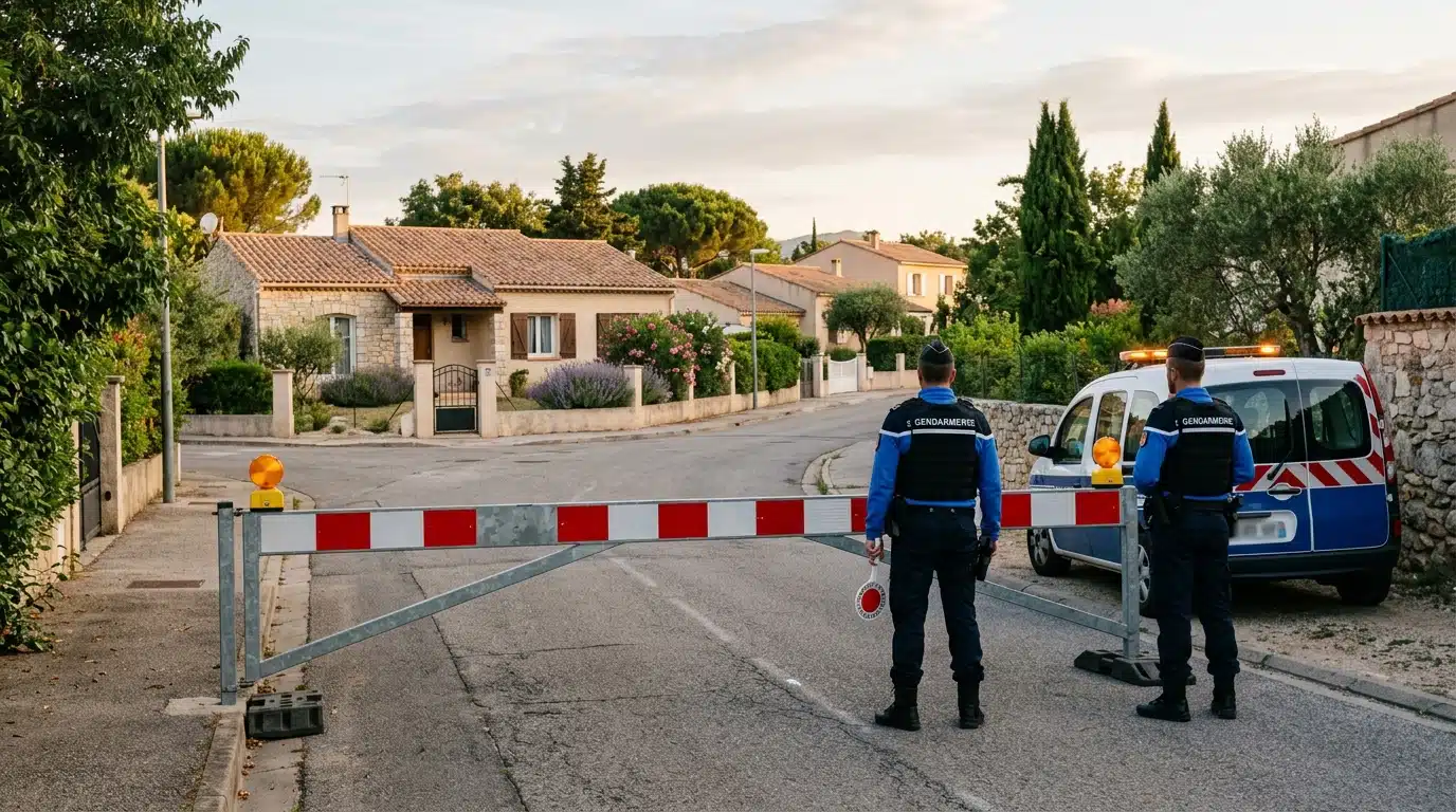 Barrière et gendarmes à l'entrée d'un lotissement du Tarn