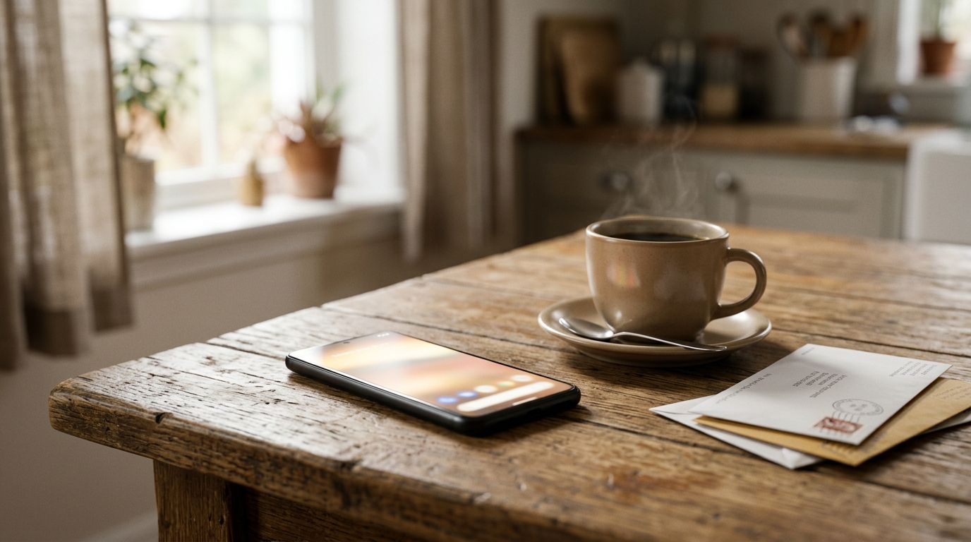 Smartphone posé sur une table avec des enveloppes