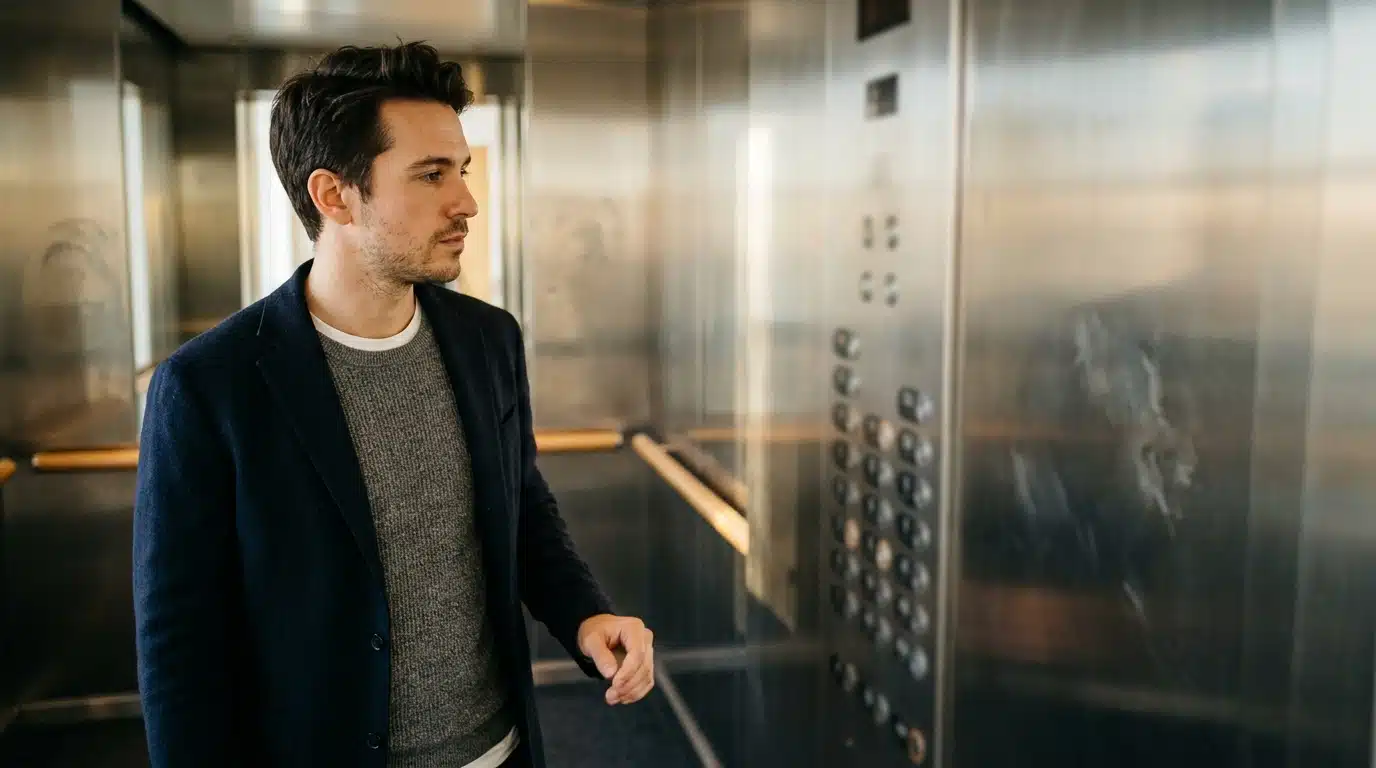 Employé pensif dans un ascenseur de bureaux moderne