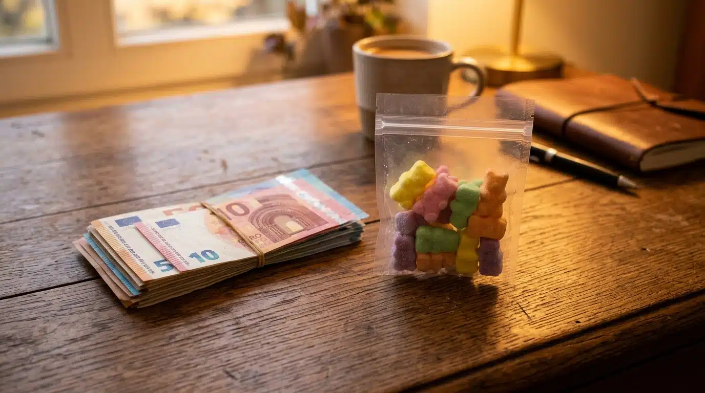 Liasse de billets et oursons en guimauve sur un bureau