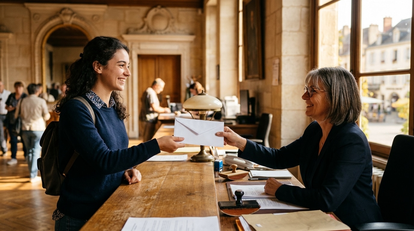 Étudiant remettant une enveloppe à la mairie