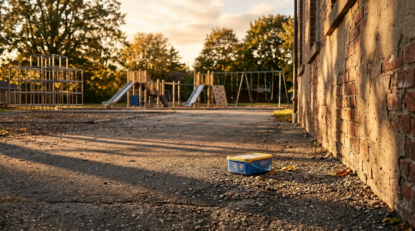 Cour d'école déserte avec un récipient posé au sol