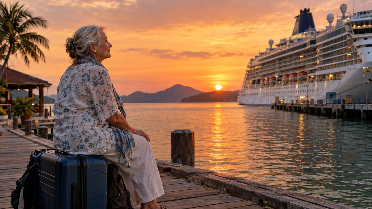 Passagère assise sur sa valise face au paquebot au coucher du soleil