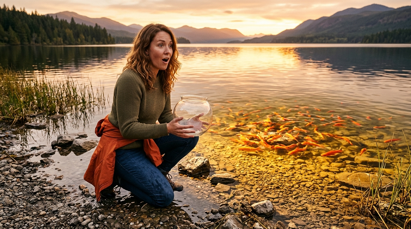 Femme tenant un bocal vide devant des poissons rouges au bord d'un lac