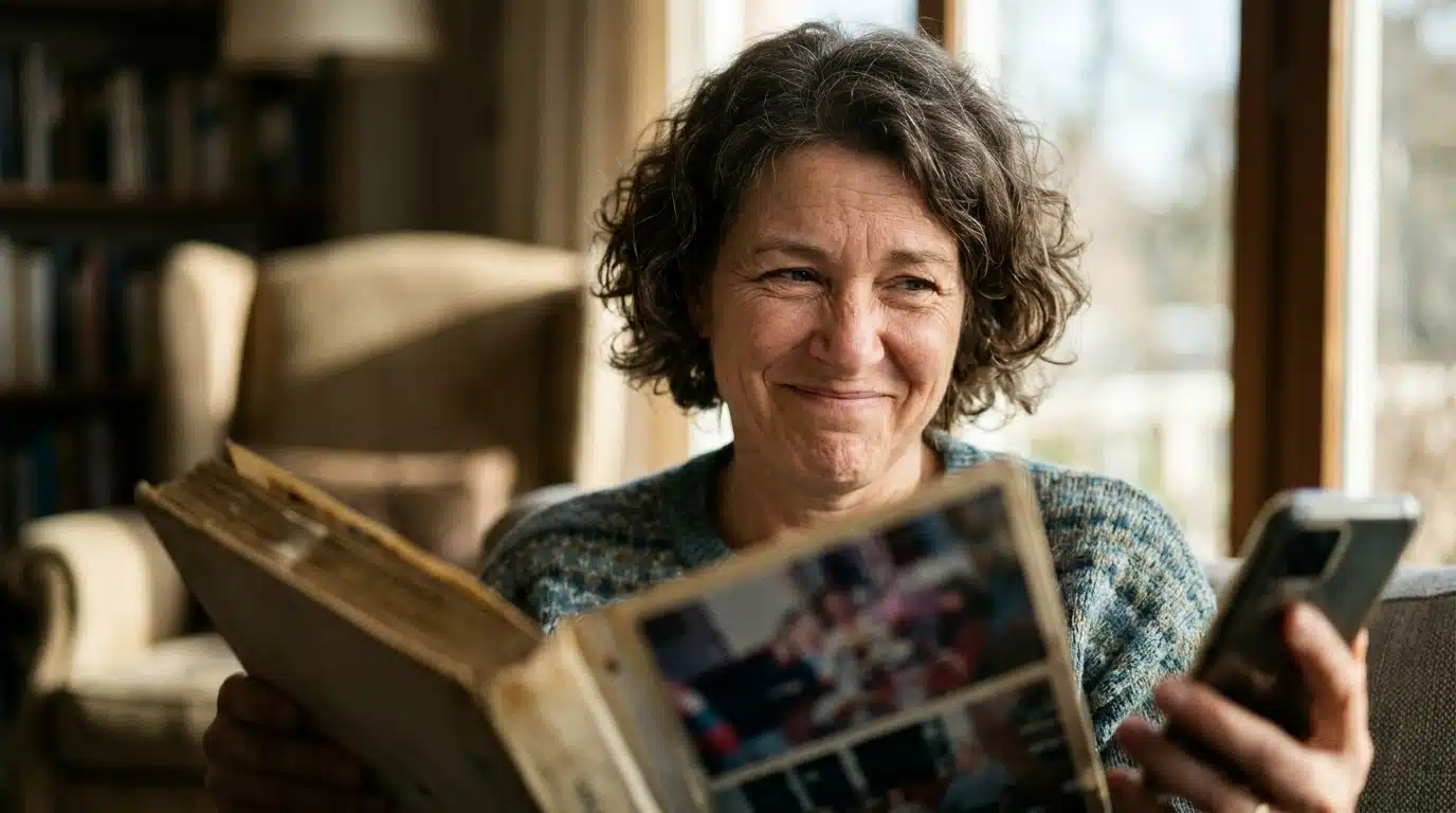 Adulte gêné souriant devant un vieil album photo