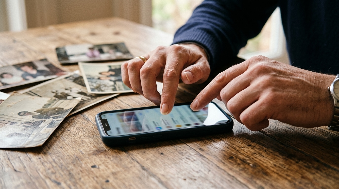Mains faisant défiler un smartphone près de vieilles photos