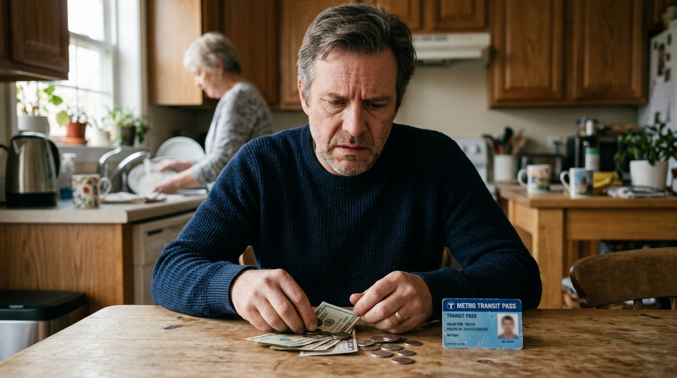 Parent soucieux comptant des billets à côté d'une carte de transport
