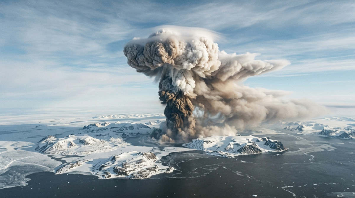 Immense champignon atomique au-dessus d'un archipel arctique