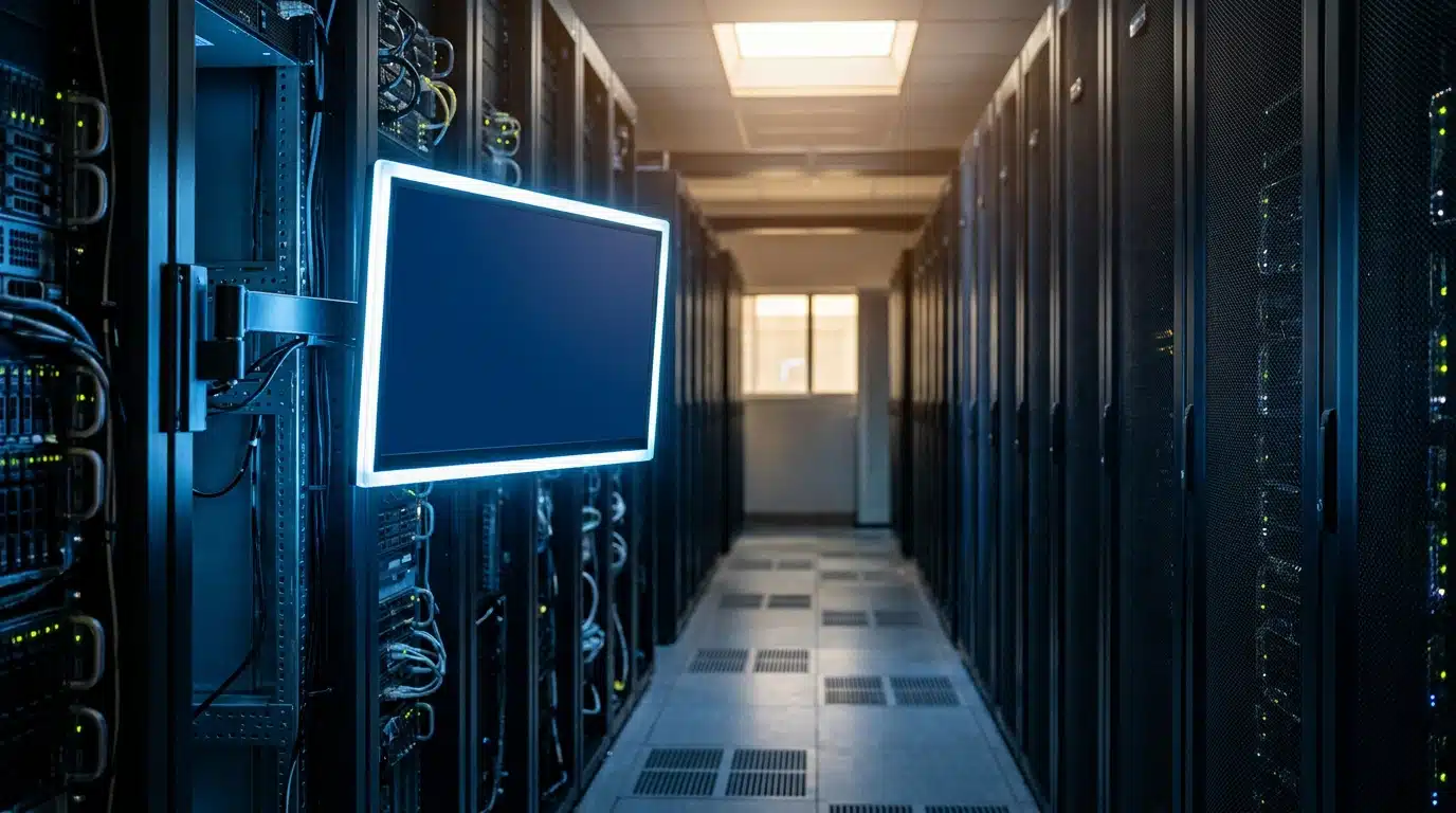 Couloir de serveurs informatiques éclairé de bleu