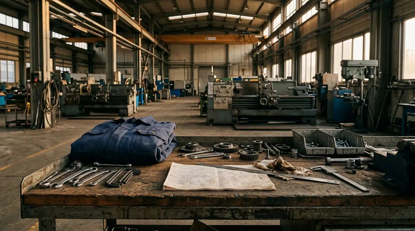 Atelier métallurgique vide avec veste de travail pliée