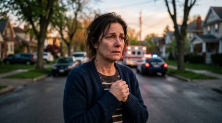Voisin au visage ému devant une rue au petit matin