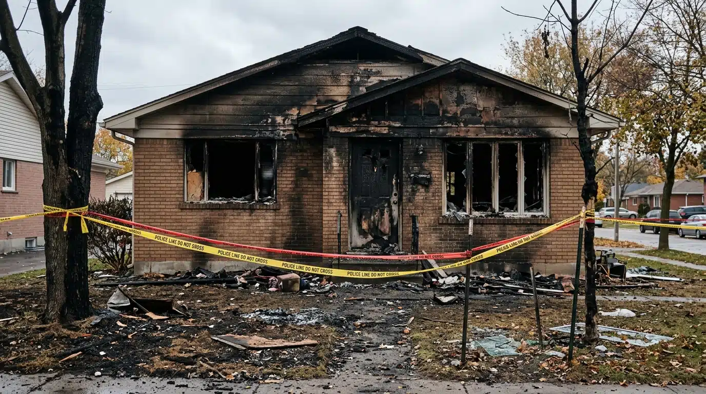 Façade d'une maison noircie par les flammes et ruban de police