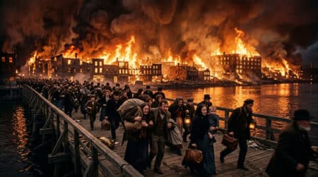 Incendie de Chicago en 1871, ville en flammes la nuit