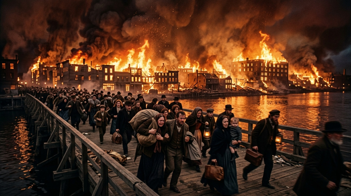 Incendie de Chicago en 1871, ville en flammes la nuit