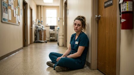 Soignant en blouse assis par terre dans un couloir de clinique