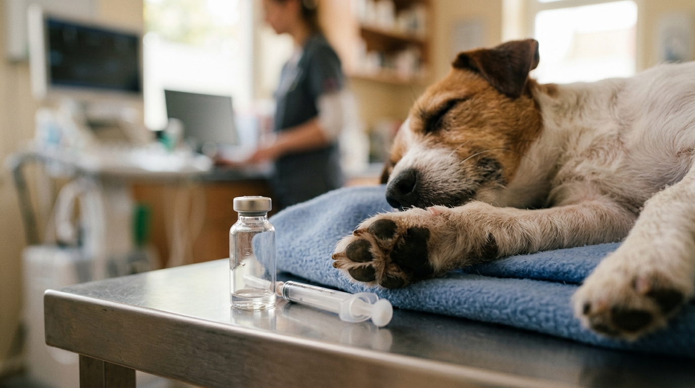 Seringue et flacon vide près de la patte d'un chien endormi