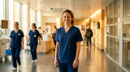 Infirmière anesthésiste souriante dans un couloir d'hôpital