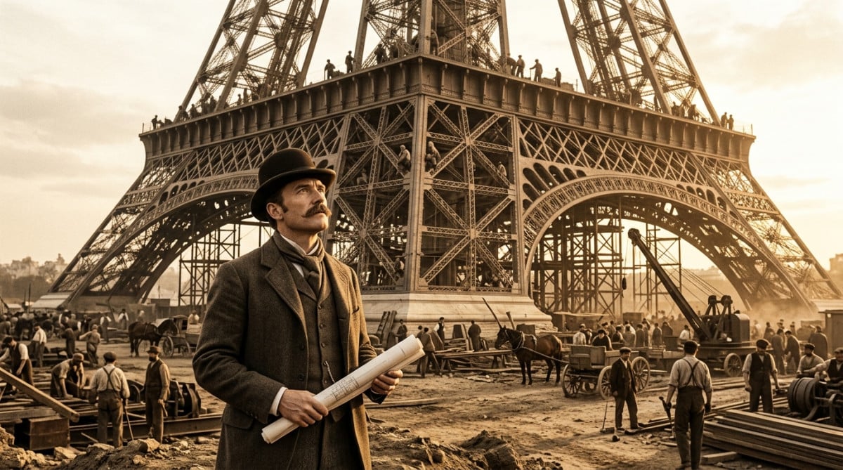 Ingénieur devant la tour Eiffel en construction en 1887