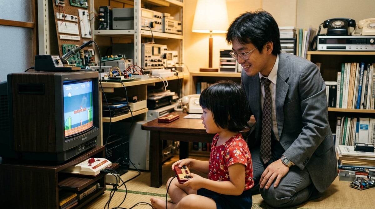Ingénieur japonais regardant sa fille jouer à la console