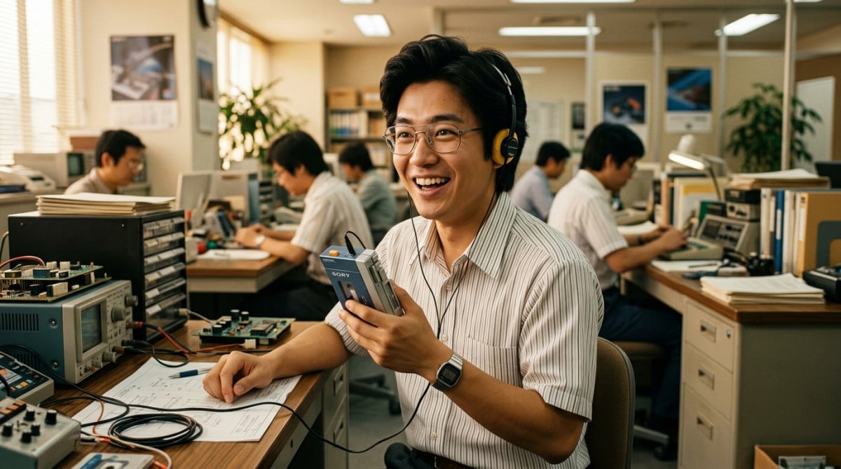 Ingénieur japonais tenant un baladeur cassette Sony de 1979