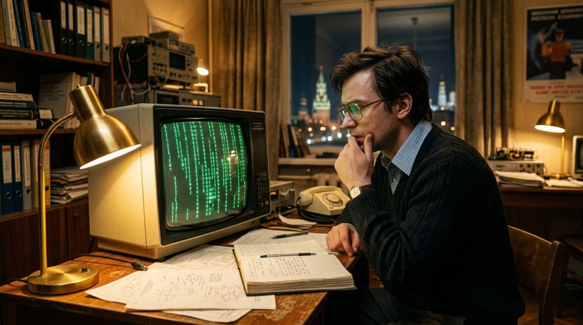 Ingénieur soviétique devant un ordinateur des années 1980
