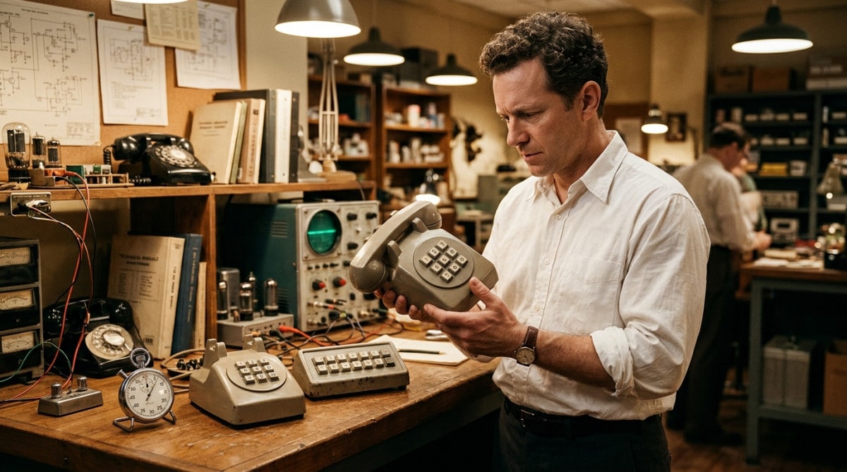 Ingénieur testant un prototype de téléphone à touches dans un laboratoire