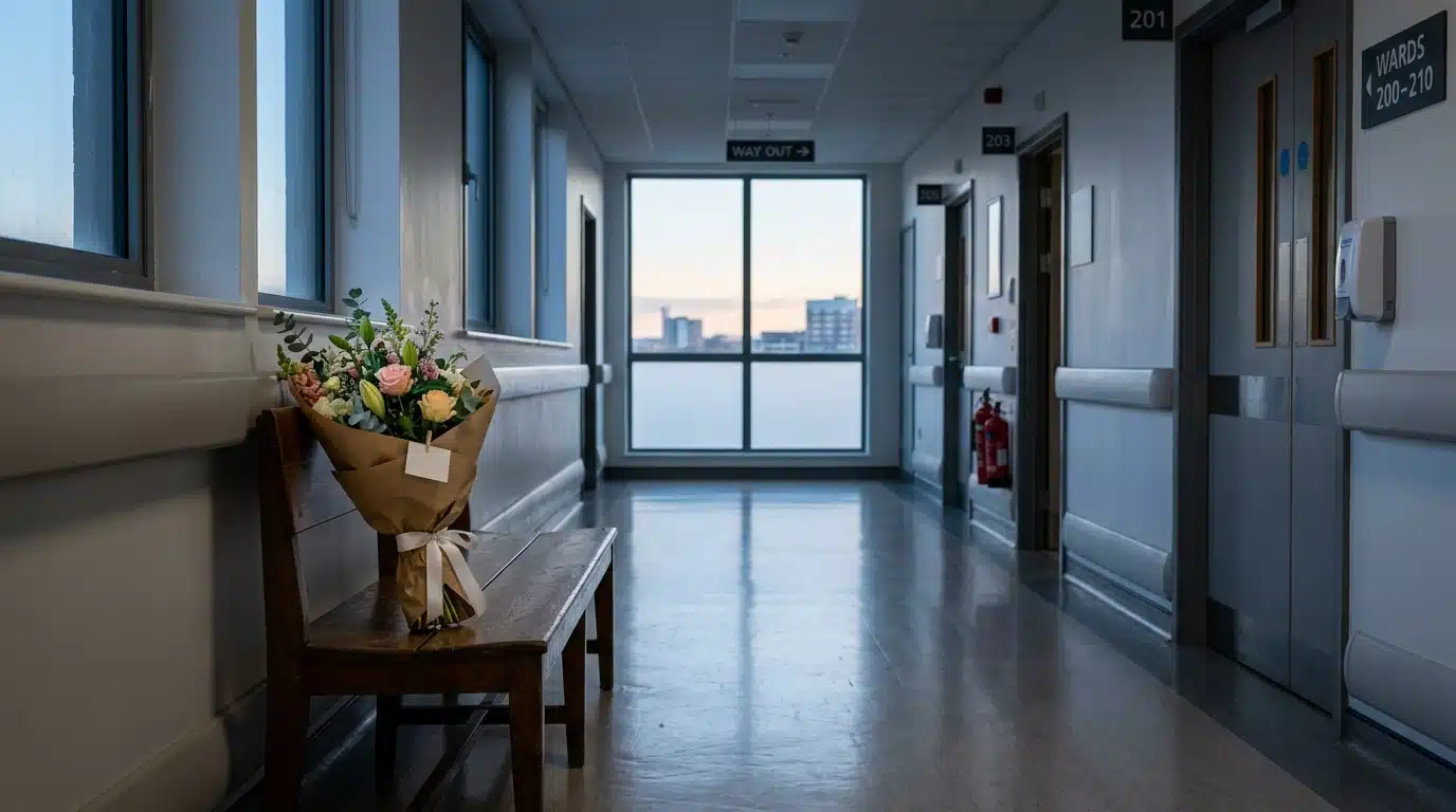 Couloir d'hôpital silencieux aux premières lueurs du jour, un bouquet de fleurs posé sur un banc