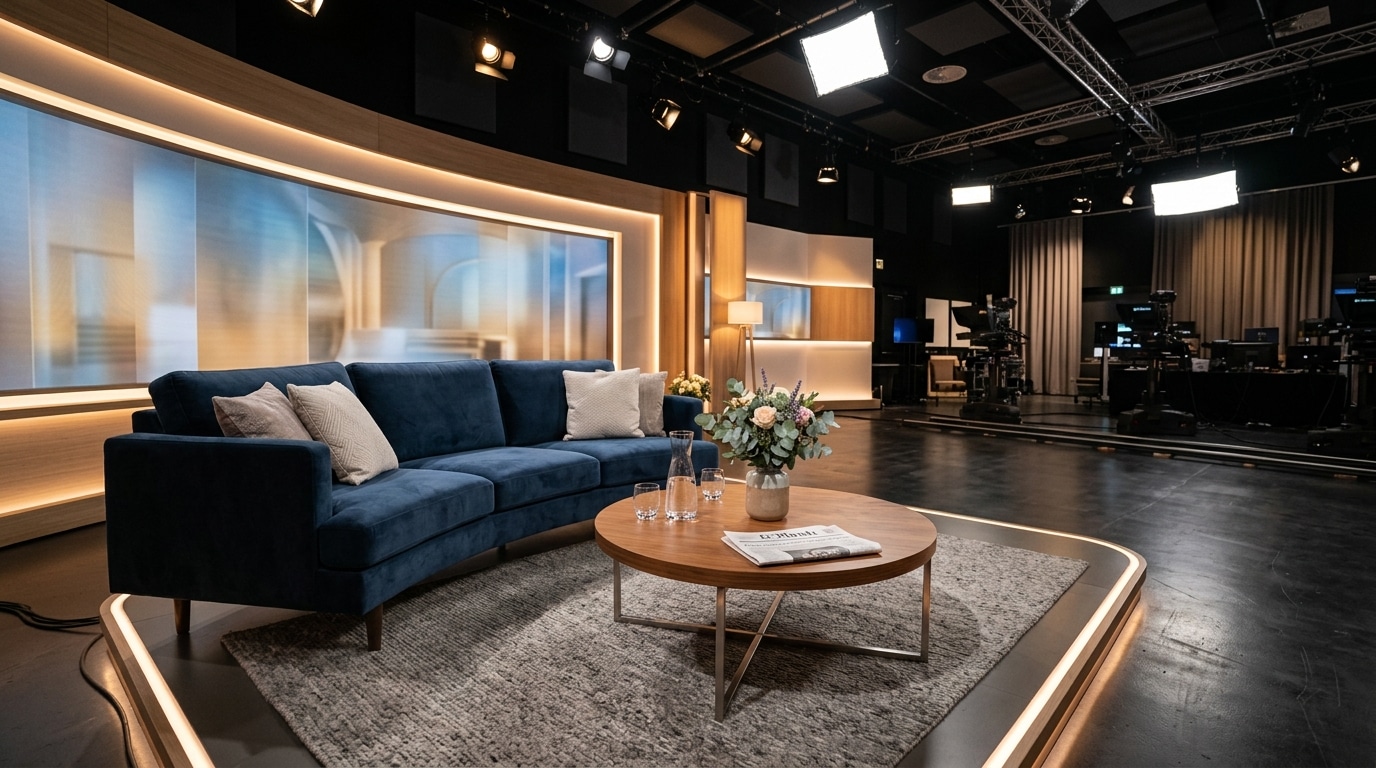 Plateau de télévision vide, décor d'un tournage de série à la française