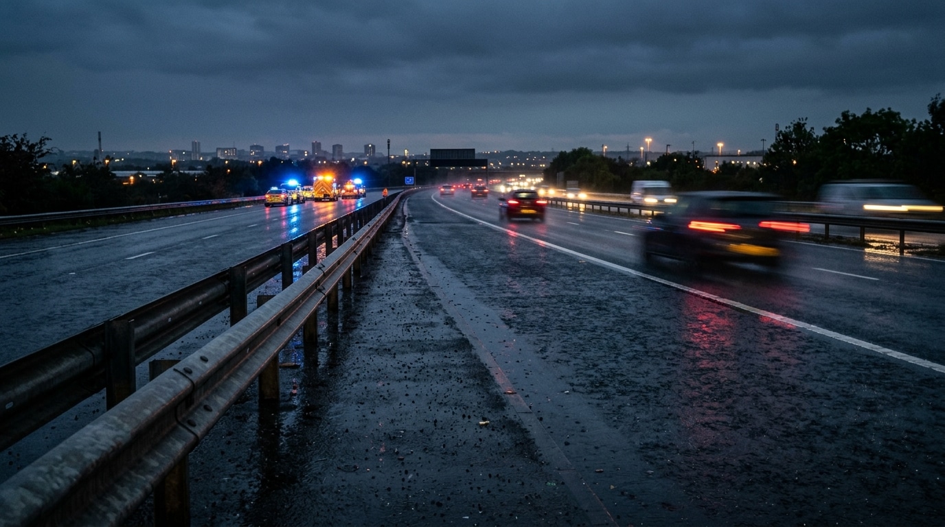 Autoroute de nuit sous la pluie, lumières d'urgence au loin, évoquant l'accident
