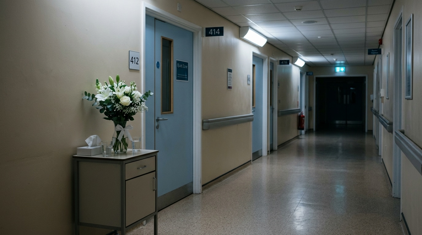 Couloir d'hôpital silencieux avec un bouquet de fleurs, symbole des longues nuits d'angoisse