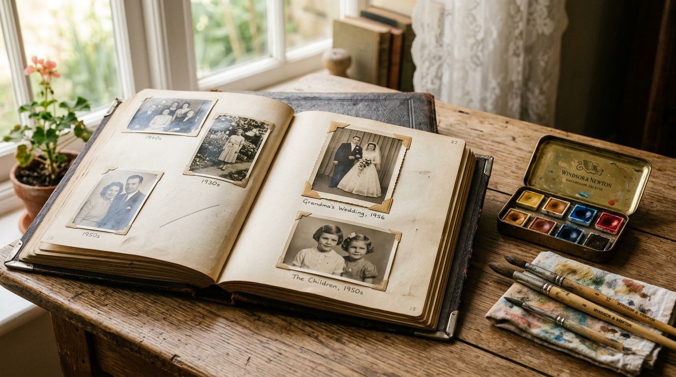 Vieil album de famille et pinceaux d'aquarelle, souvenirs d'une enfance chahutée