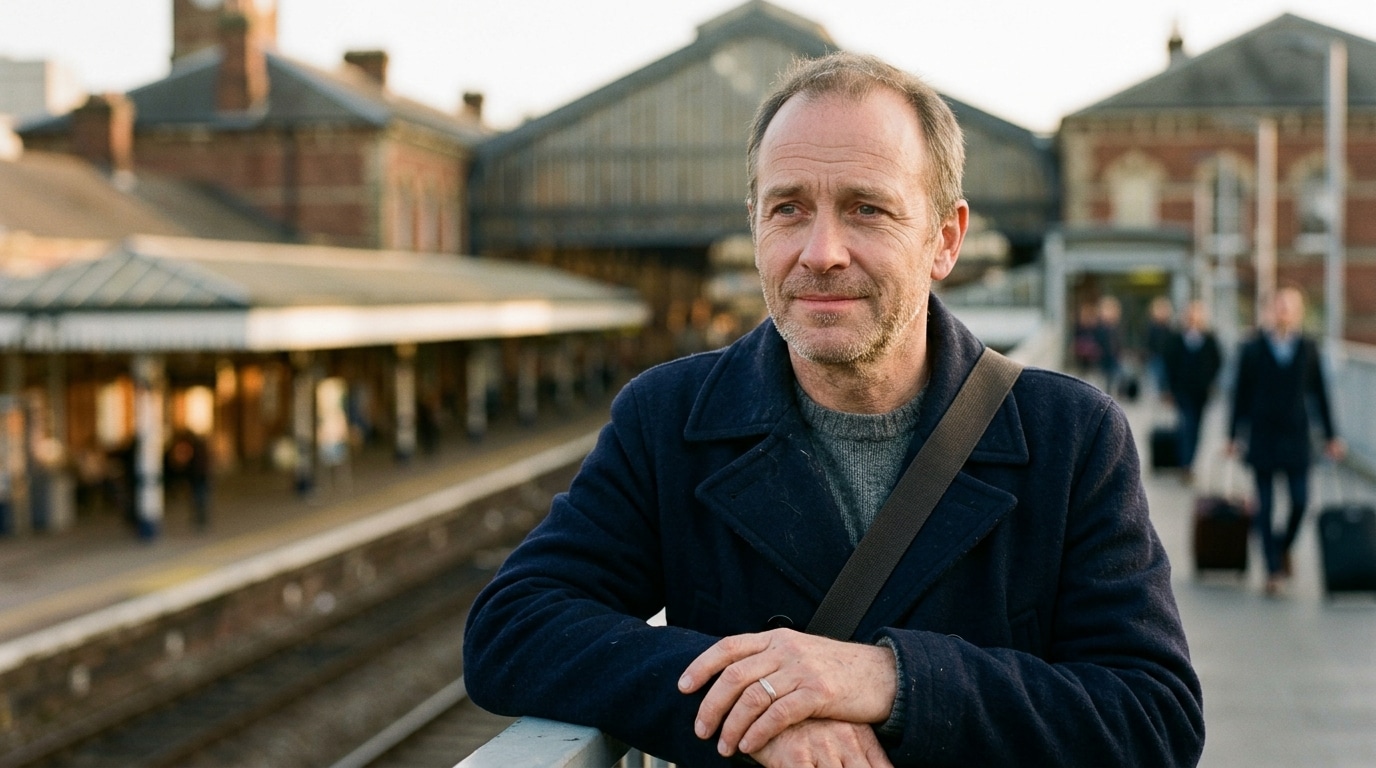 Homme au visage apaisé devant une gare