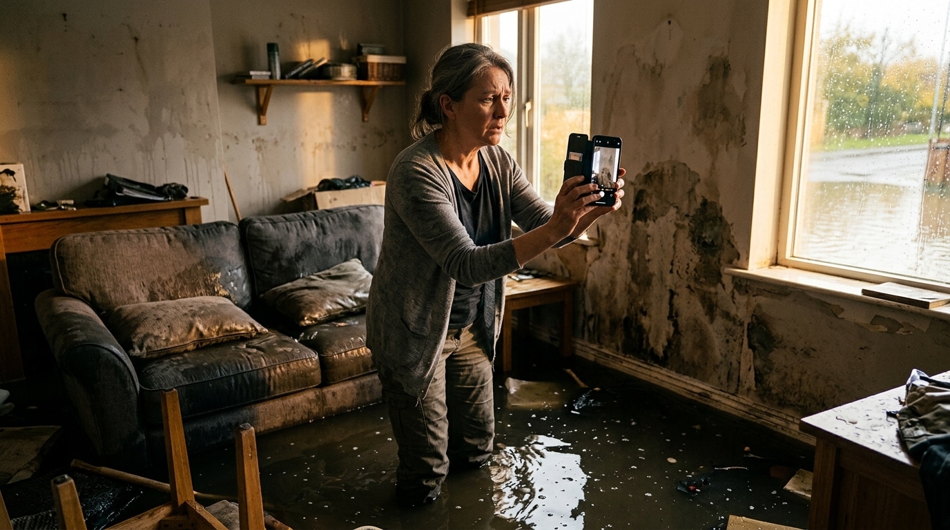 Femme photographiant les dégâts d'une inondation avec son téléphone