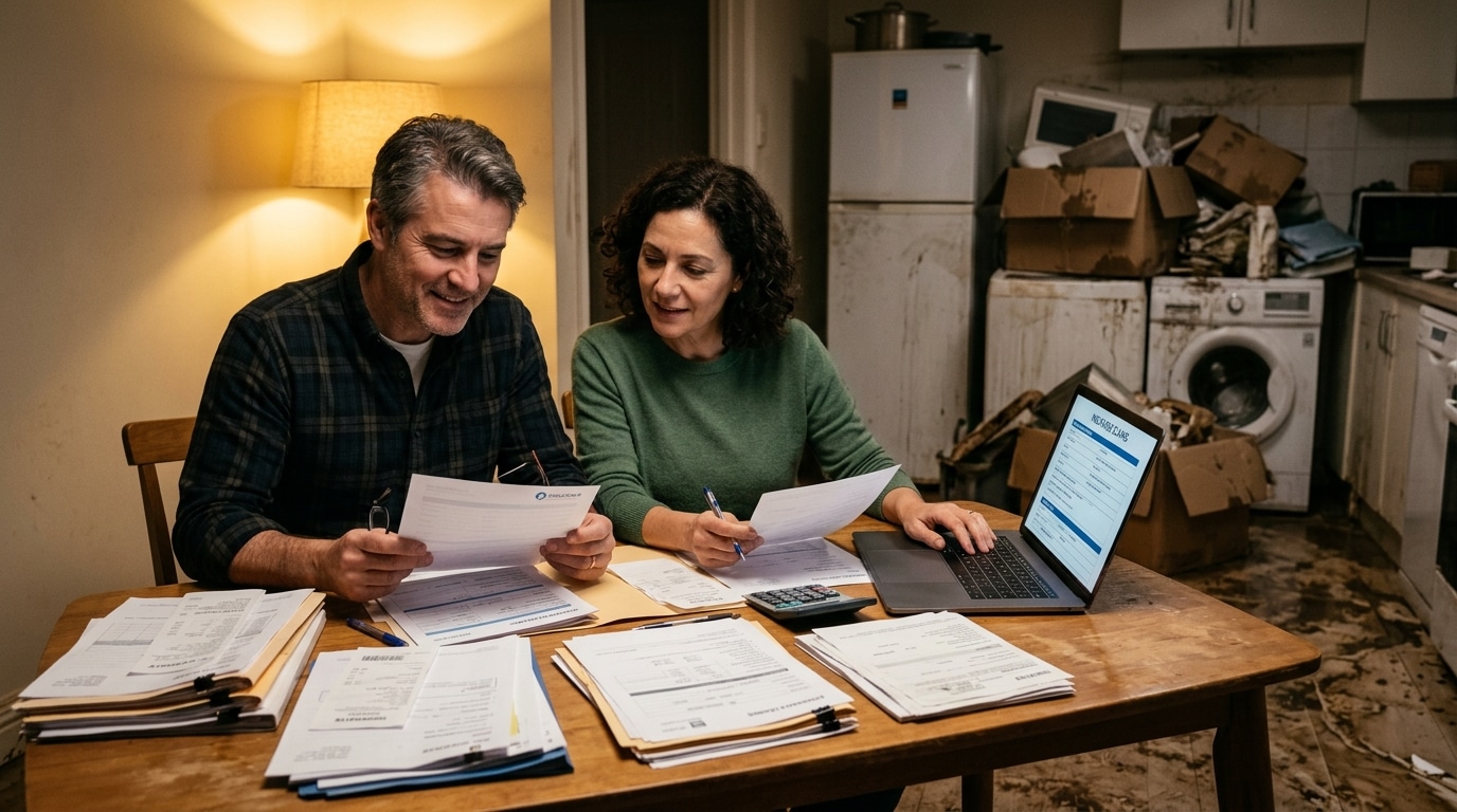 Couple triant factures et documents pour l'assurance