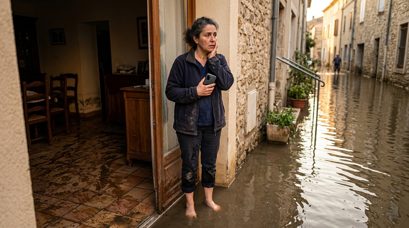 Sinistrée devant sa maison inondée à Narbonne