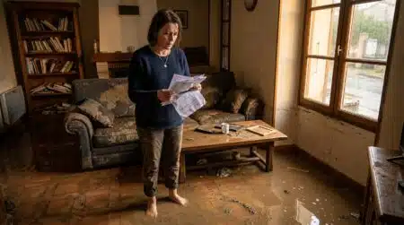 Femme face à son salon inondé dans le Sud