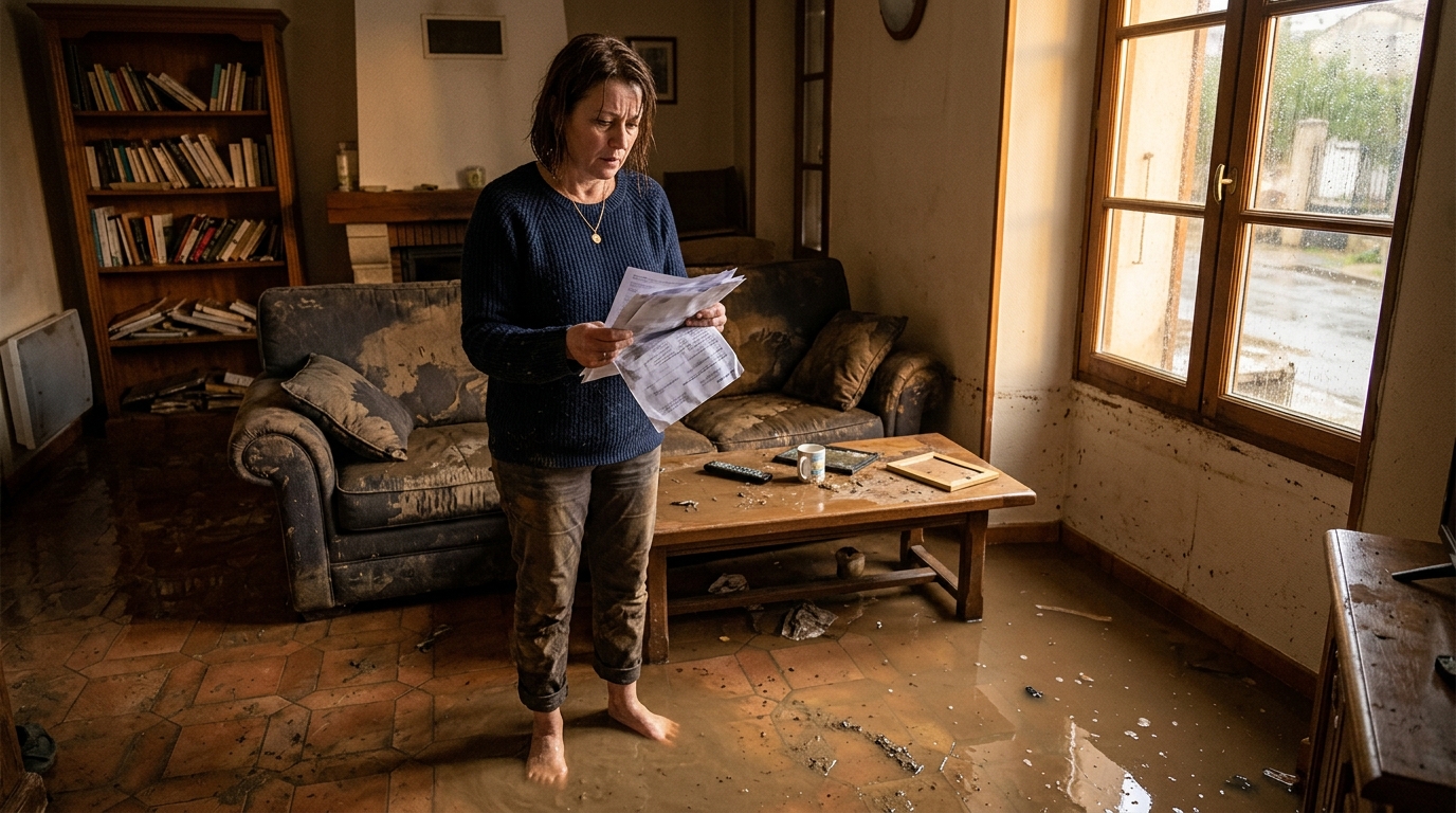 Femme face à son salon inondé dans le Sud
