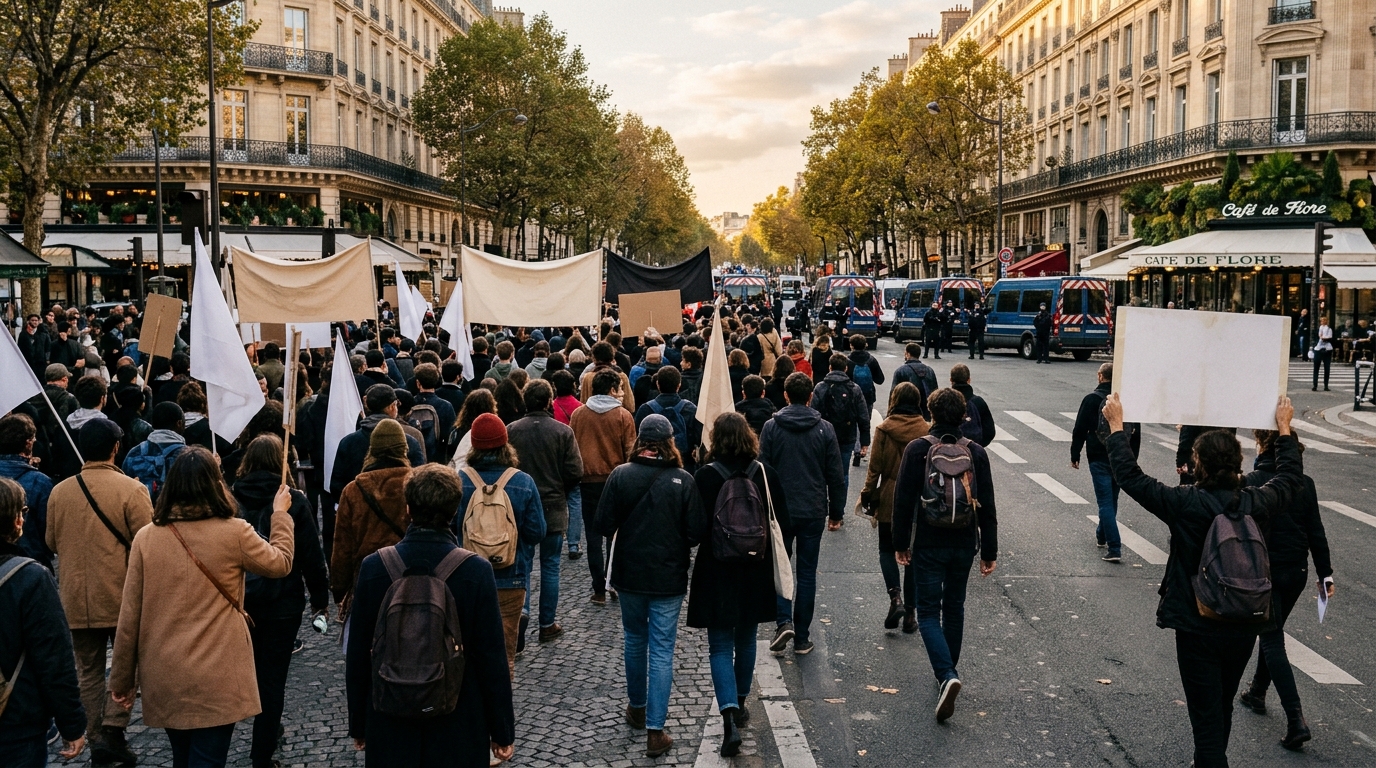 Cortège de manifestants sur un boulevard parisien