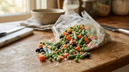 Sachet de légumes surgelés éventré sur un plan de travail
