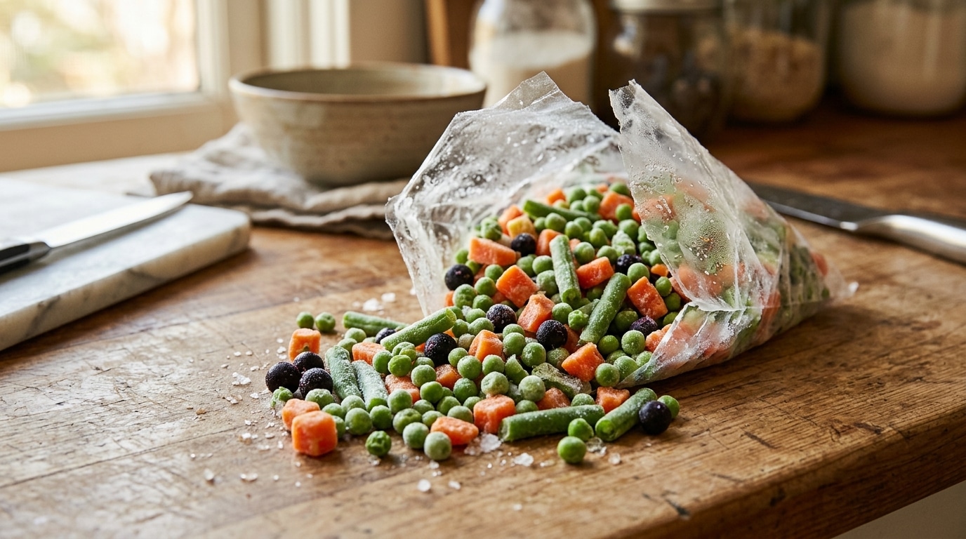 Sachet de légumes surgelés éventré sur un plan de travail