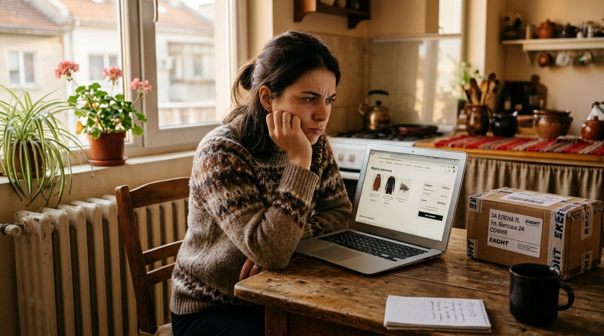 Internaute hésitante devant un panier d'achat en ligne
